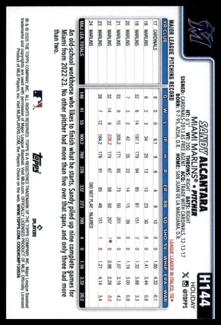 2025 Topps Holiday Sandy Alcantara #H144 Miami Marlins Baseball Card MLB Sports - Baseball Card