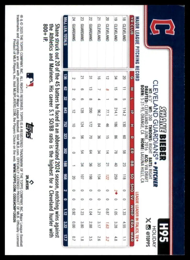 2025 Topps Holiday Shane Bieber #H95 Cleveland Guardians Baseball Card MLB Sport - Baseball Card Single