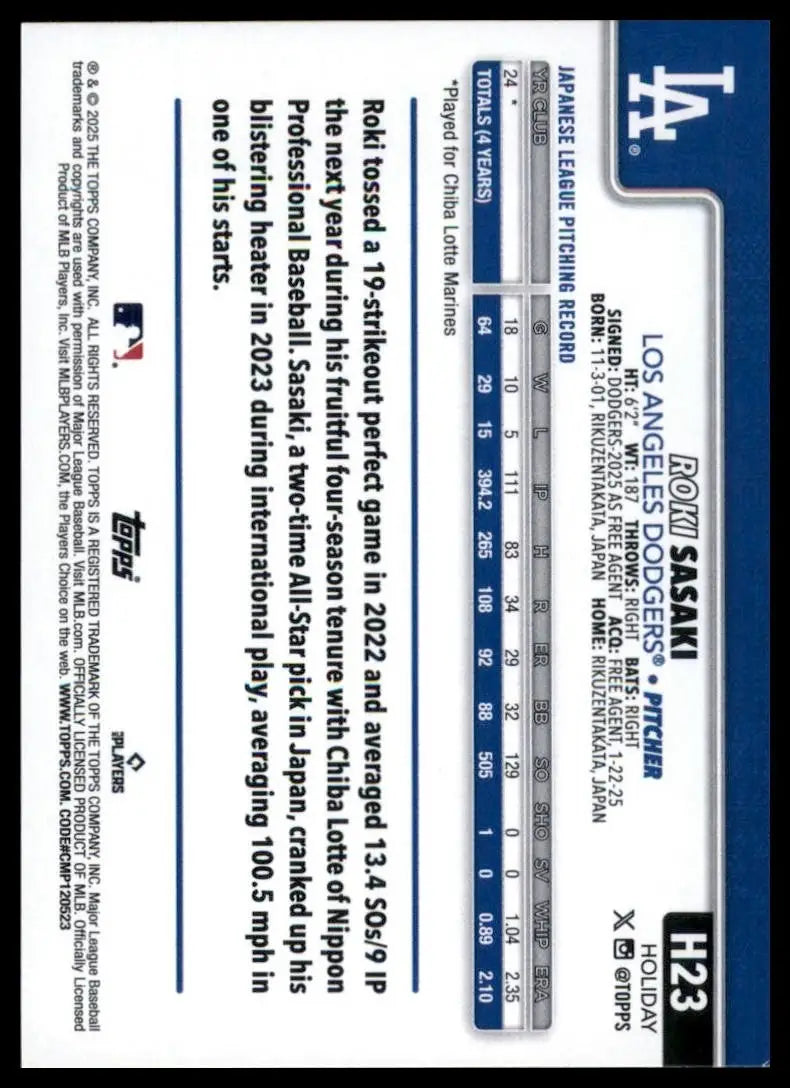2025 Topps Holiday Short Print Roki Sasaki Rookie #H23 Los Angeles Dodgers Card - Baseball Card Single