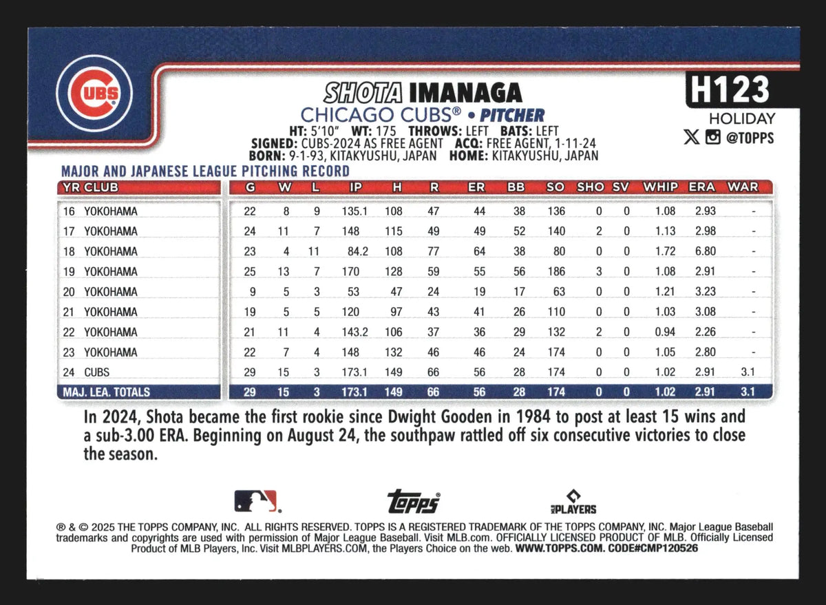 2025 Topps Holiday Shota Imanaga #H123 Chicago Cubs - Baseball Card Single