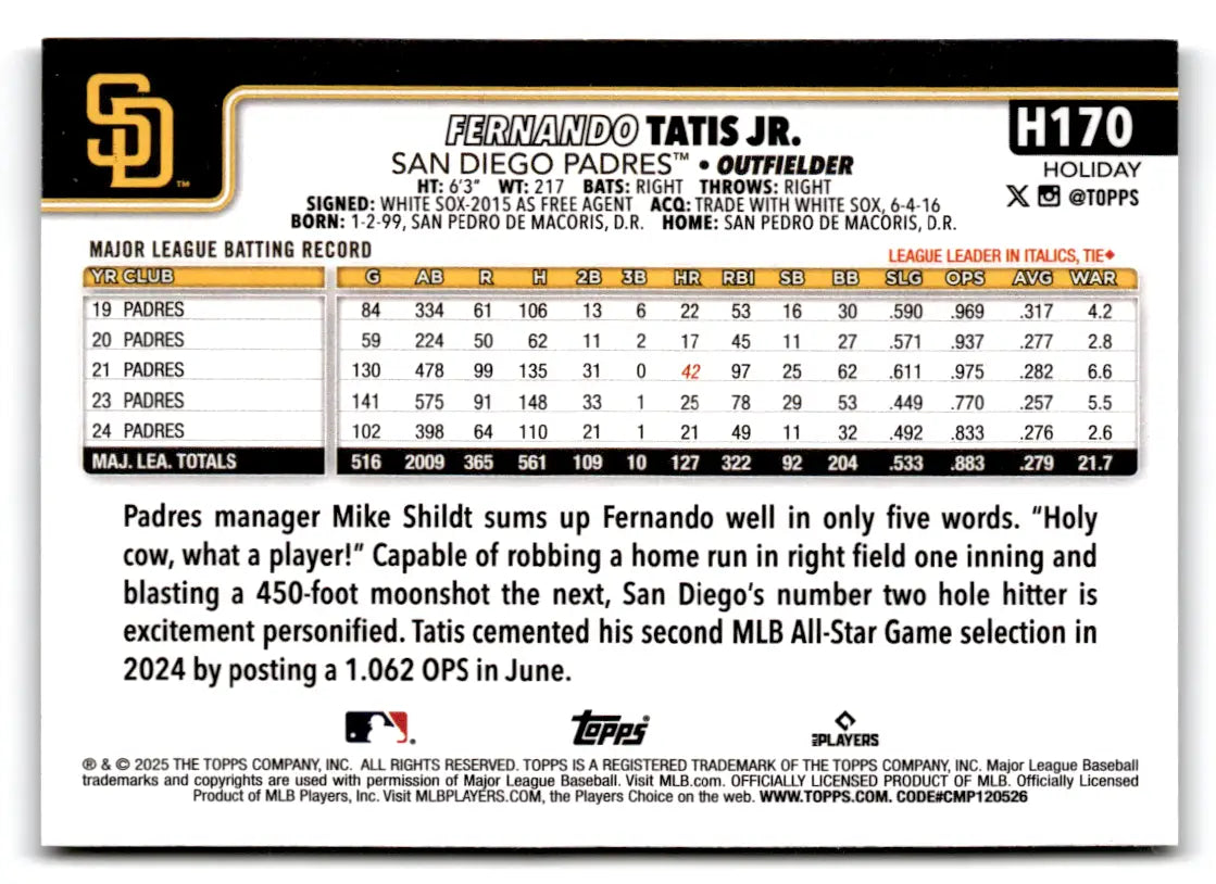2025 Topps Holiday Silver Glitter #170 Fernando Tatis Jr San Diego Padres - Baseball Card Single