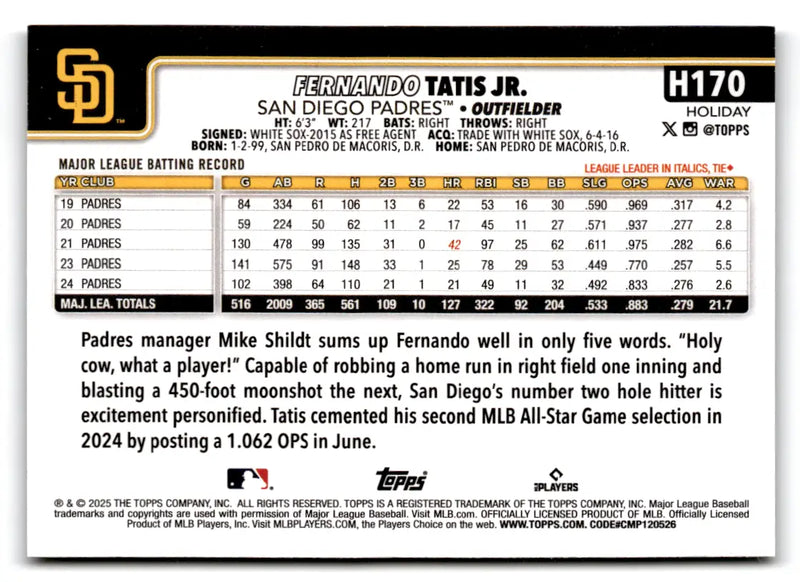 2025 Topps Holiday Silver Glitter #170 Fernando Tatis Jr San Diego Padres - Baseball Card Single
