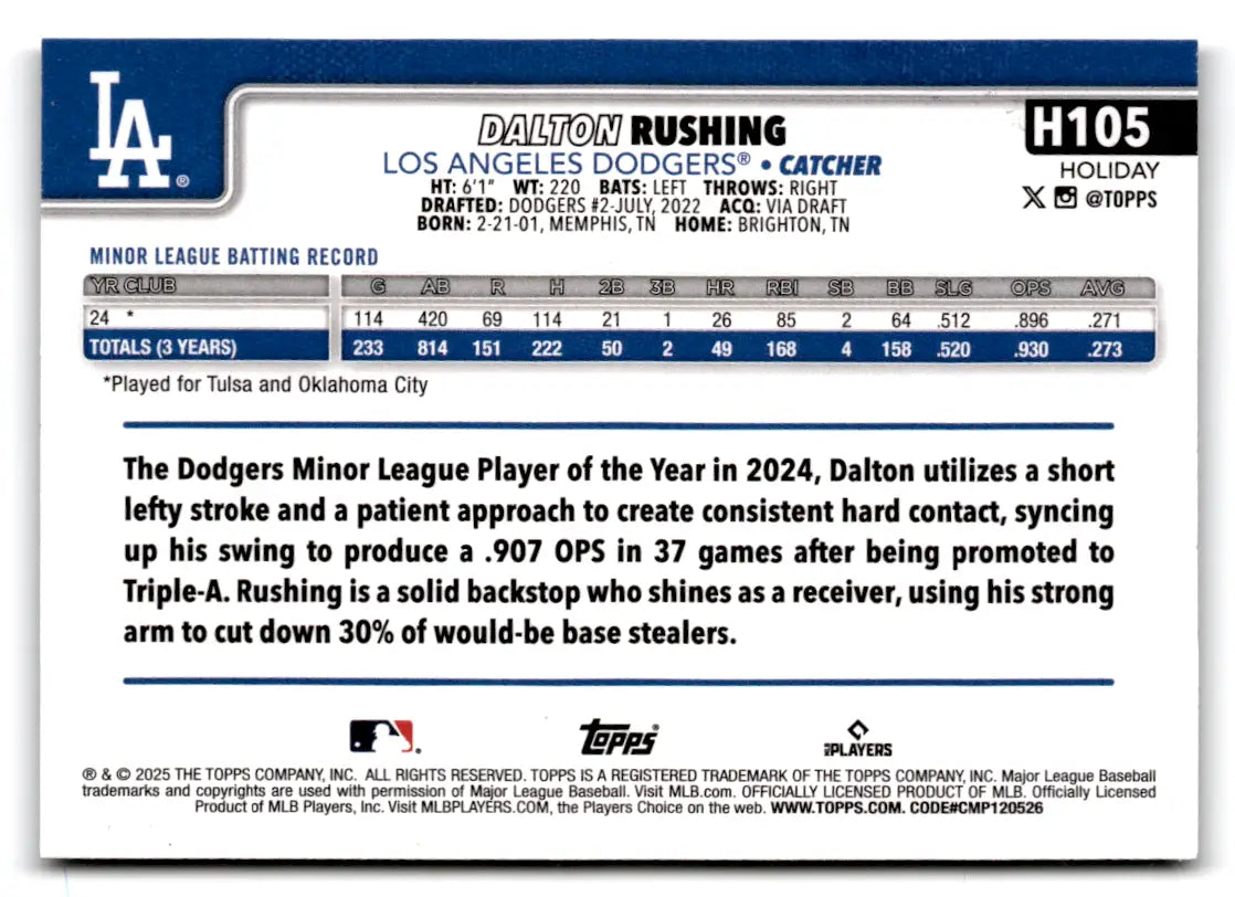 2025 Topps Holiday Silver Glitter Dalton Rushing RC #H105 Los Angeles Dodgers - Baseball Card Single