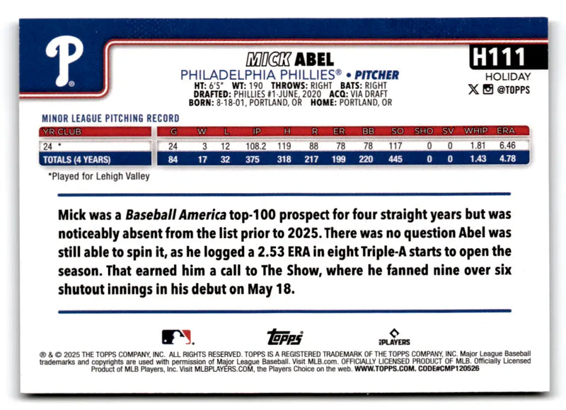 2025 Topps Holiday Silver Glitter H111 Mick Abel RC Philadelphia Phillies - Baseball Card Single