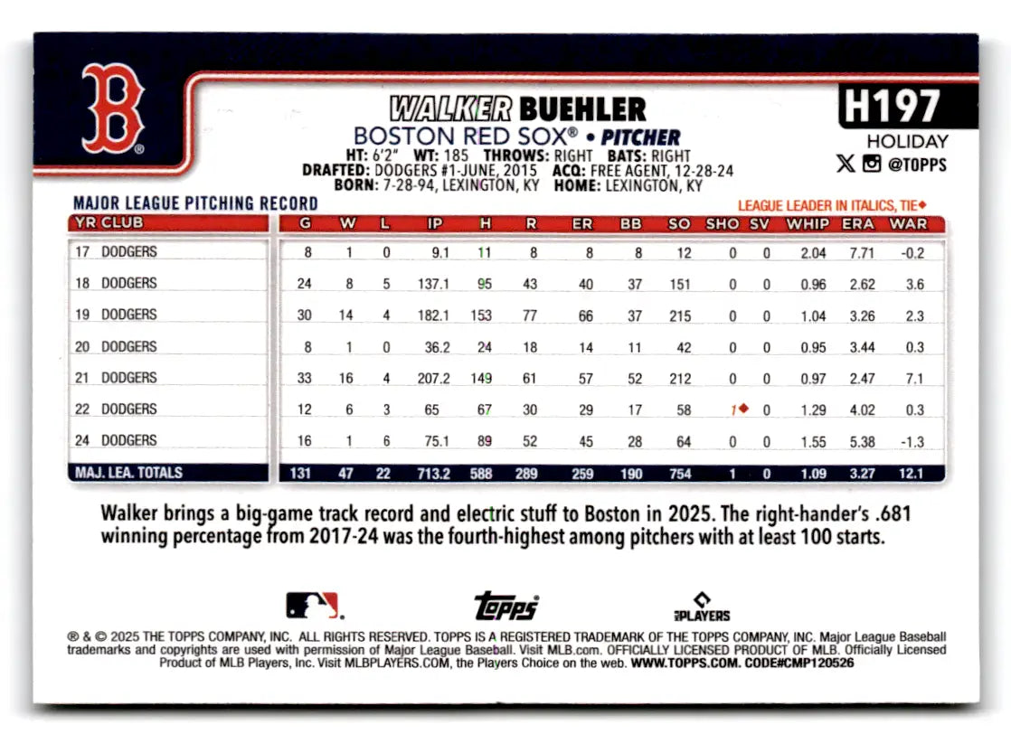 2025 Topps Holiday Silver Glitter #H197 Walker Buehler Boston Red Sox - Baseball Card Single