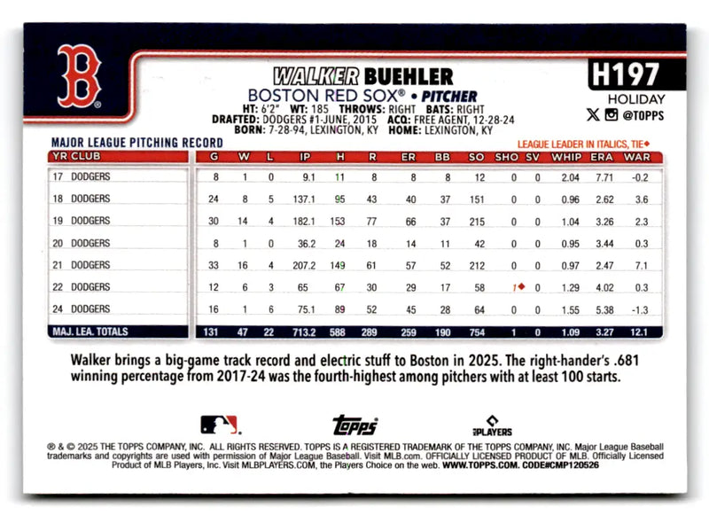2025 Topps Holiday Silver Glitter #H197 Walker Buehler Boston Red Sox - Baseball Card Single