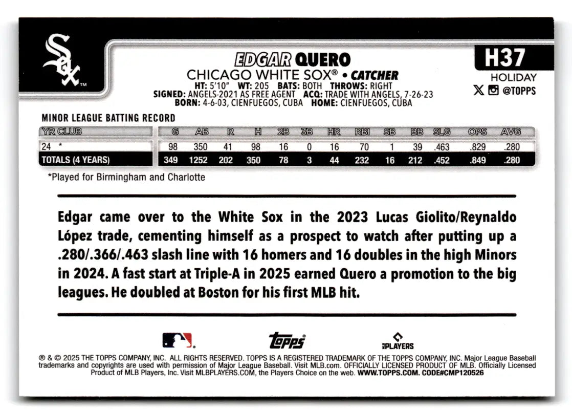 2025 Topps Holiday Silver Glitter #H37 Edgar Quero RC Chicago White Sox - Baseball Card Single