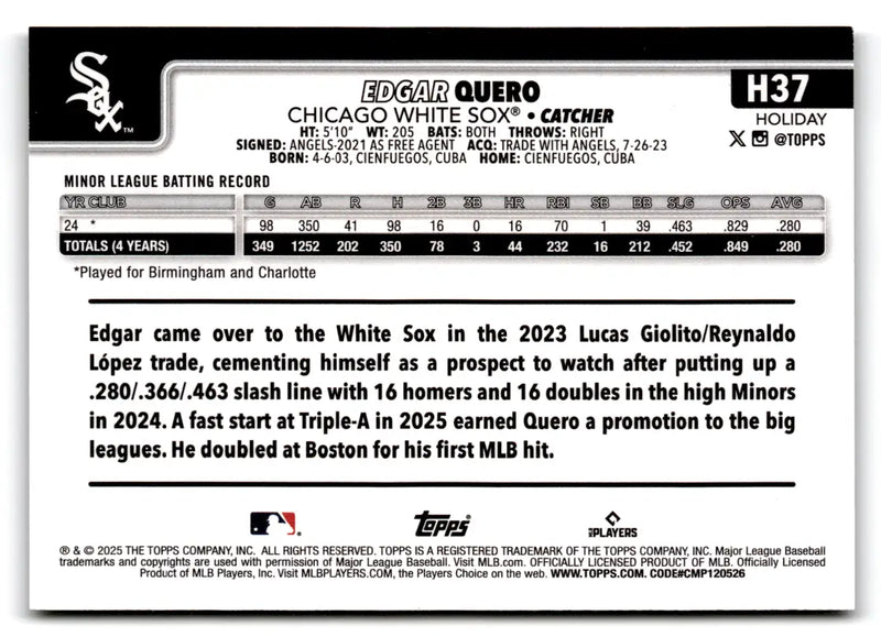 2025 Topps Holiday Silver Glitter #H37 Edgar Quero RC Chicago White Sox - Baseball Card Single