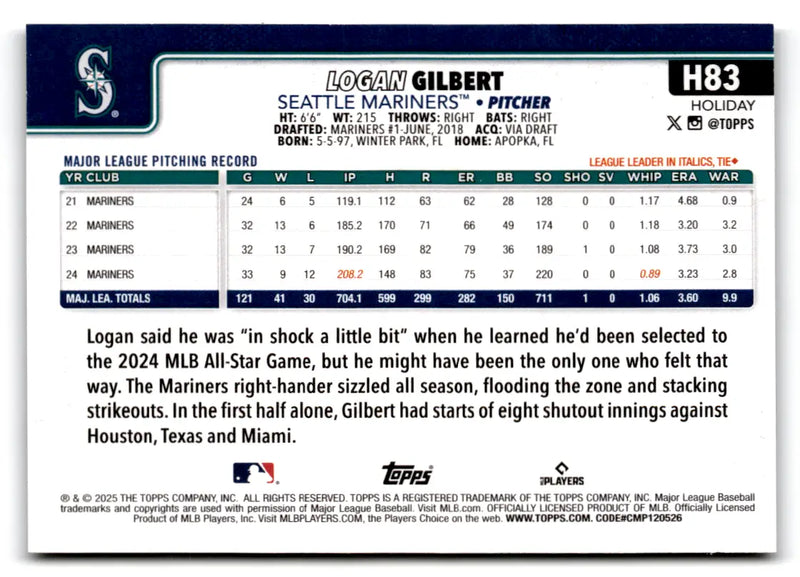 2025 Topps Holiday Silver Glitter H83 Logan Gilbert Seattle Mariners - Baseball Card Single