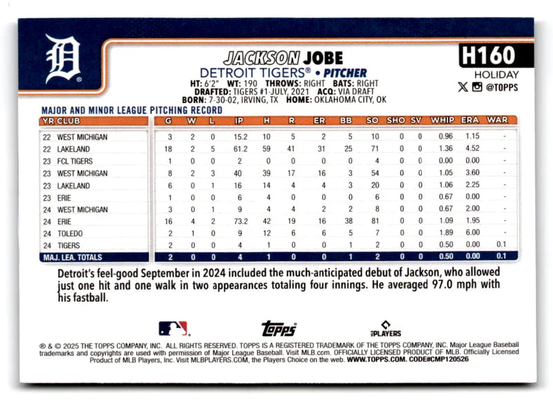 2025 Topps Holiday Silver Glitter Jackson Jobe #H160 RC Detroit Tigers - Baseball Card Single