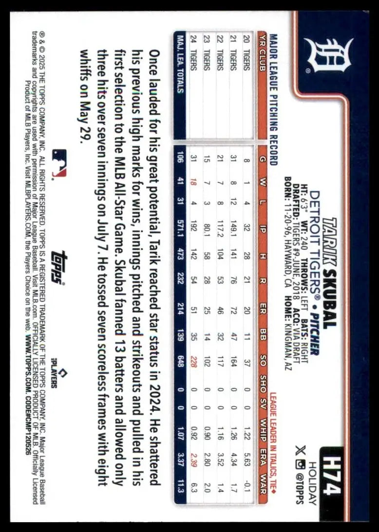 2025 Topps Holiday Tarik Skubal #H74 Detroit Tigers Baseball Card MLB Sports