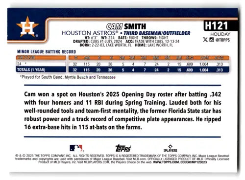 2025 Topps Holiday Variation SP #H121 Cam Smith NM-MT RC Rookie Astros ID:80610 - Baseball Card Single