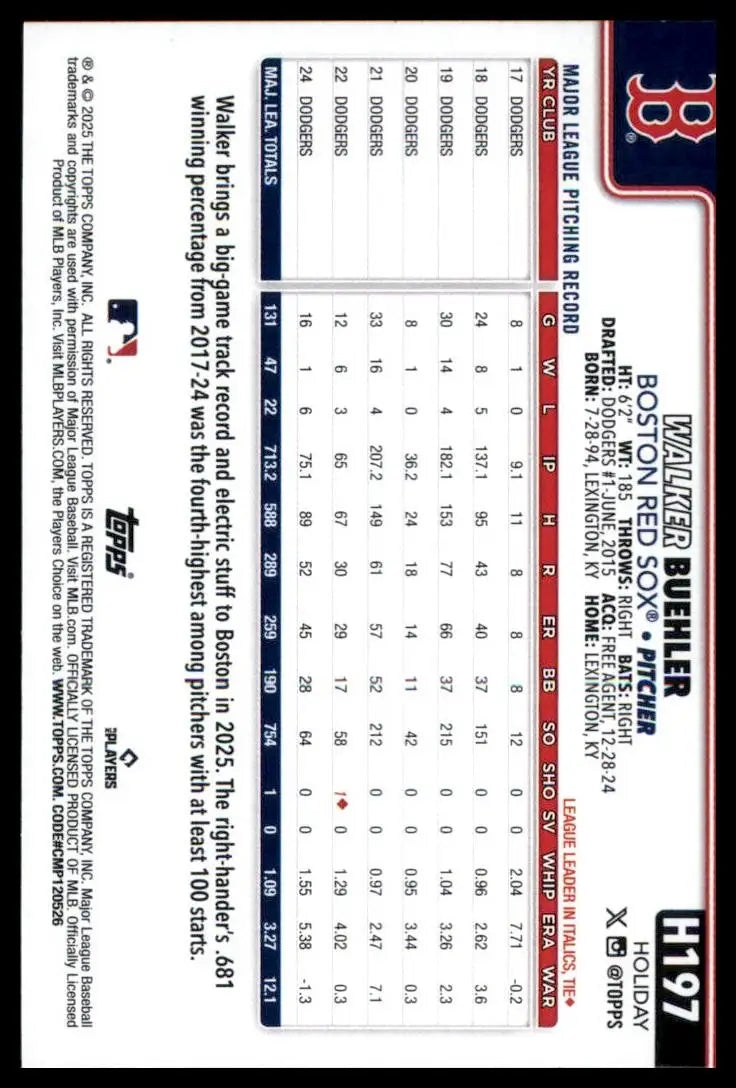 2025 Topps Holiday Walker Buehler #197 Boston Red Sox Baseball Card MLB Sports - Baseball Card