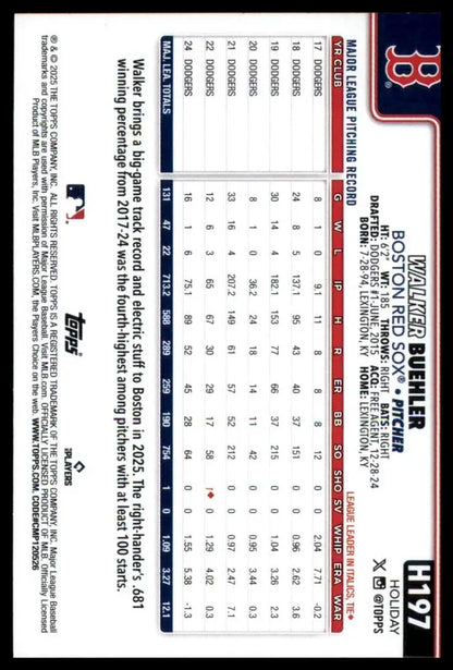 2025 Topps Holiday Walker Buehler #197 Boston Red Sox Baseball Card MLB Sports - Baseball Card