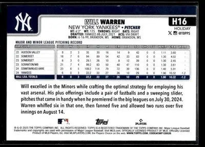 2025 Topps Holiday Will Warren #H16 RC New York Yankees