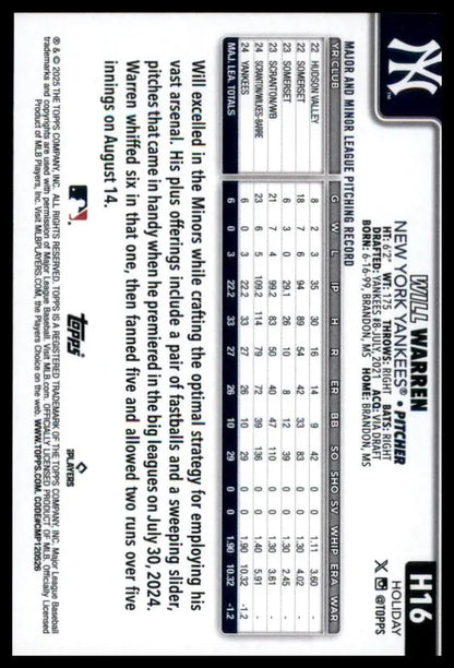 2025 Topps Holiday Will Warren Rookie #H16 New York Yankees Baseball Card MLB