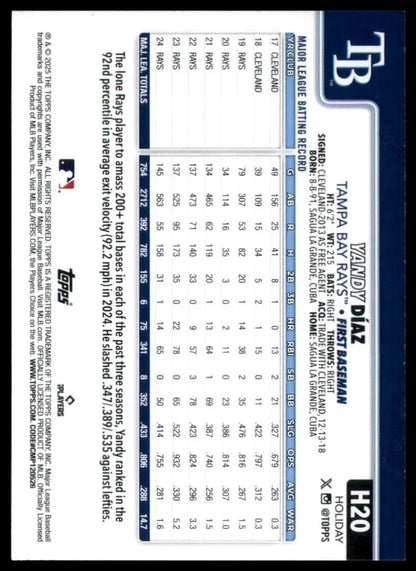 2025 Topps Holiday Yandy Diaz #H20 Tampa Bay Rays Baseball Card MLB Sports - Baseball Card