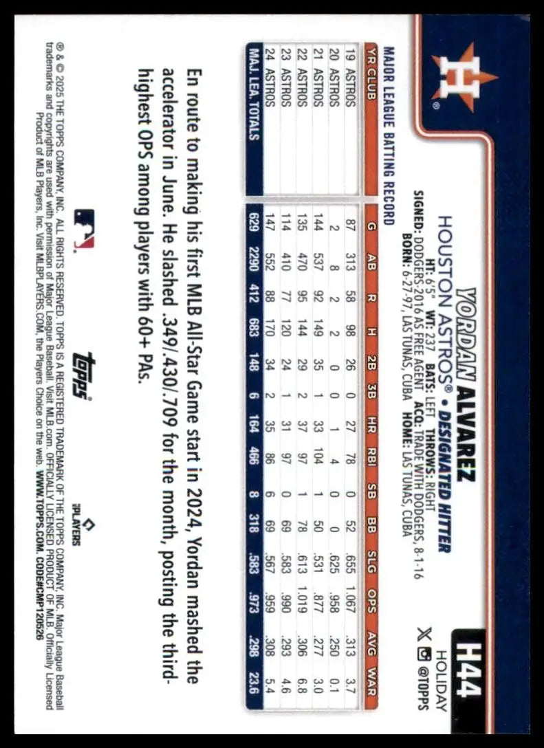 2025 Topps Holiday Yordan Alvarez #H44 Houston Astros Baseball Card MLB Sports - Trading Cards