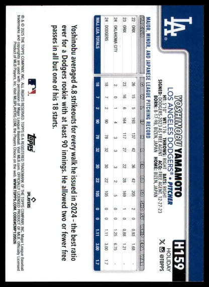 2025 Topps Holiday Yoshinobu Yamamoto #H159 Los Angeles Dodgers Baseball Card - Baseball Card