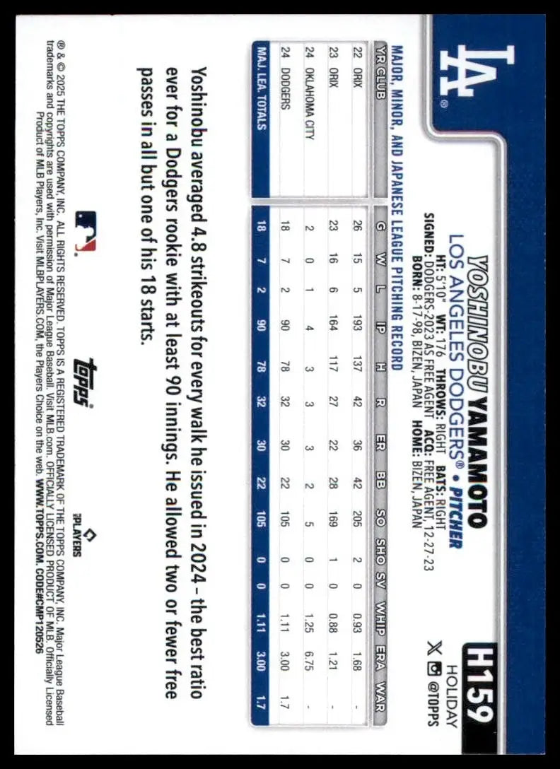 2025 Topps Holiday Yoshinobu Yamamoto #H159 Los Angeles Dodgers Baseball Card - Baseball Card Single