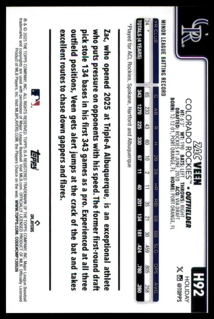 2025 Topps Holiday Zac Veen Rookie #H92 Colorado Rockies Baseball Card MLB Sport - Baseball Card