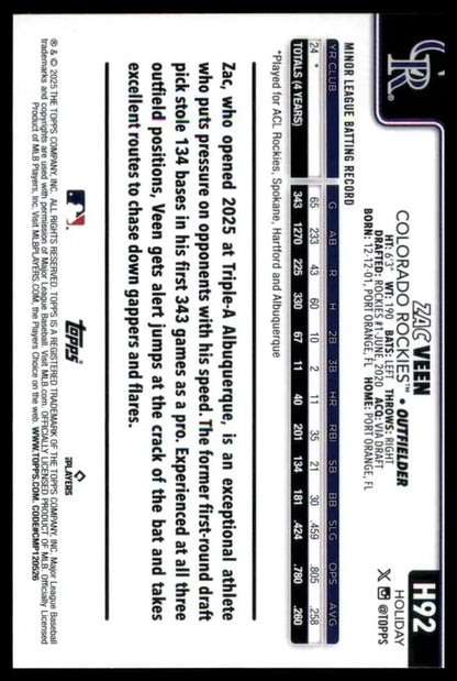 2025 Topps Holiday Zac Veen Rookie #H92 Colorado Rockies Baseball Card MLB Sport - Baseball Card
