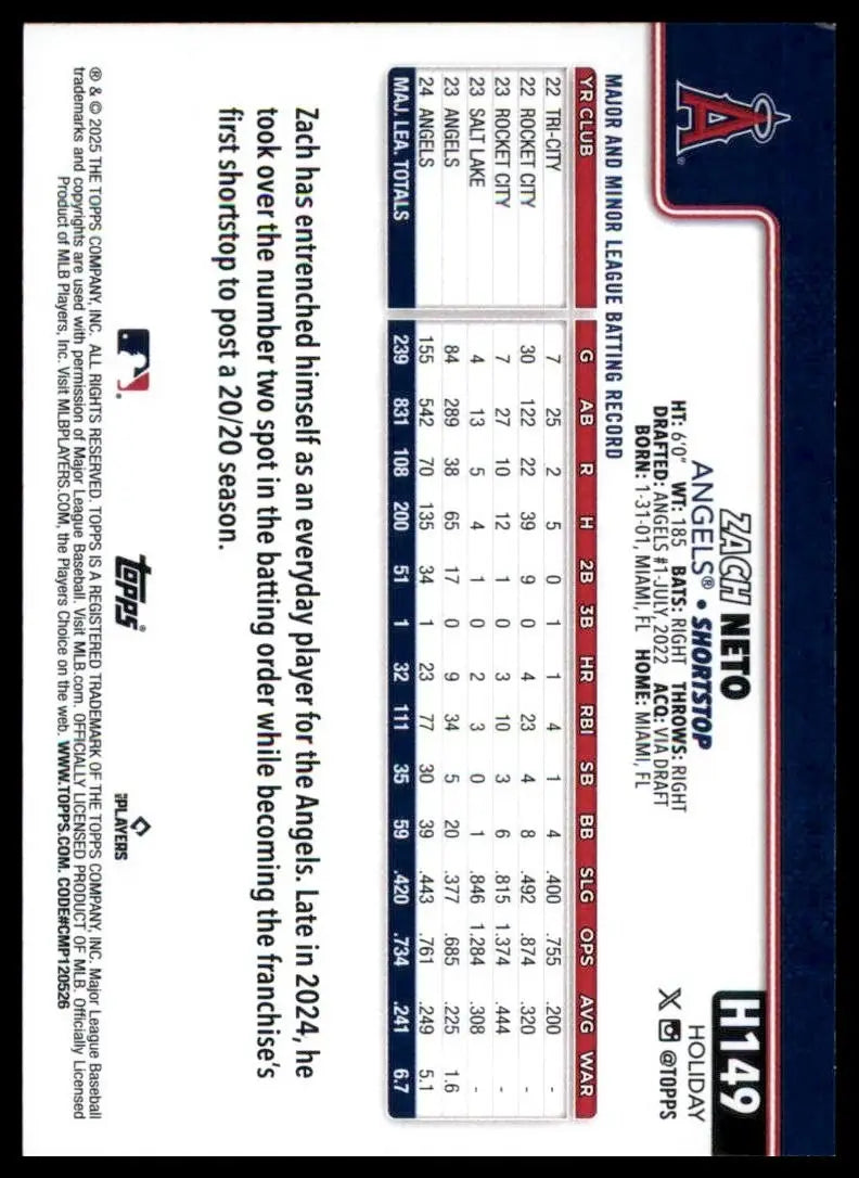 2025 Topps Holiday Zach Neto #H149 Los Angeles Angels Baseball Card MLB Sports - Trading Cards