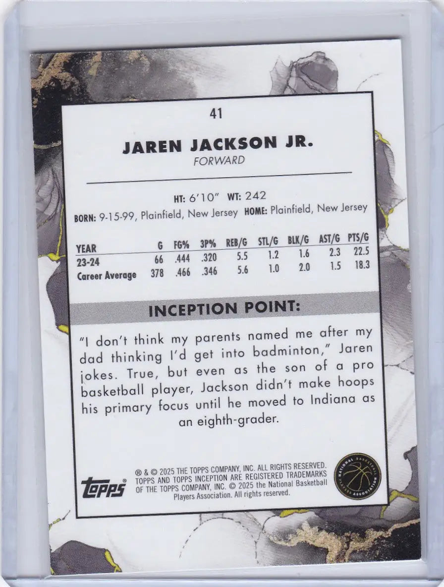 Topps Inception Jaren Jackson Jr. basketball trading card featuring Memphis Grizzlies player
