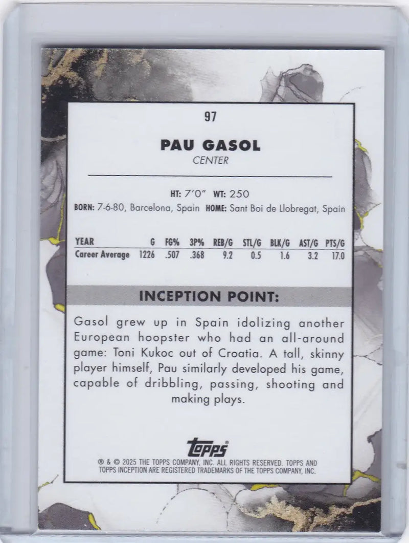 Basketball trading card of Paul Gasol from Los Angeles Lakers Topps Inception series