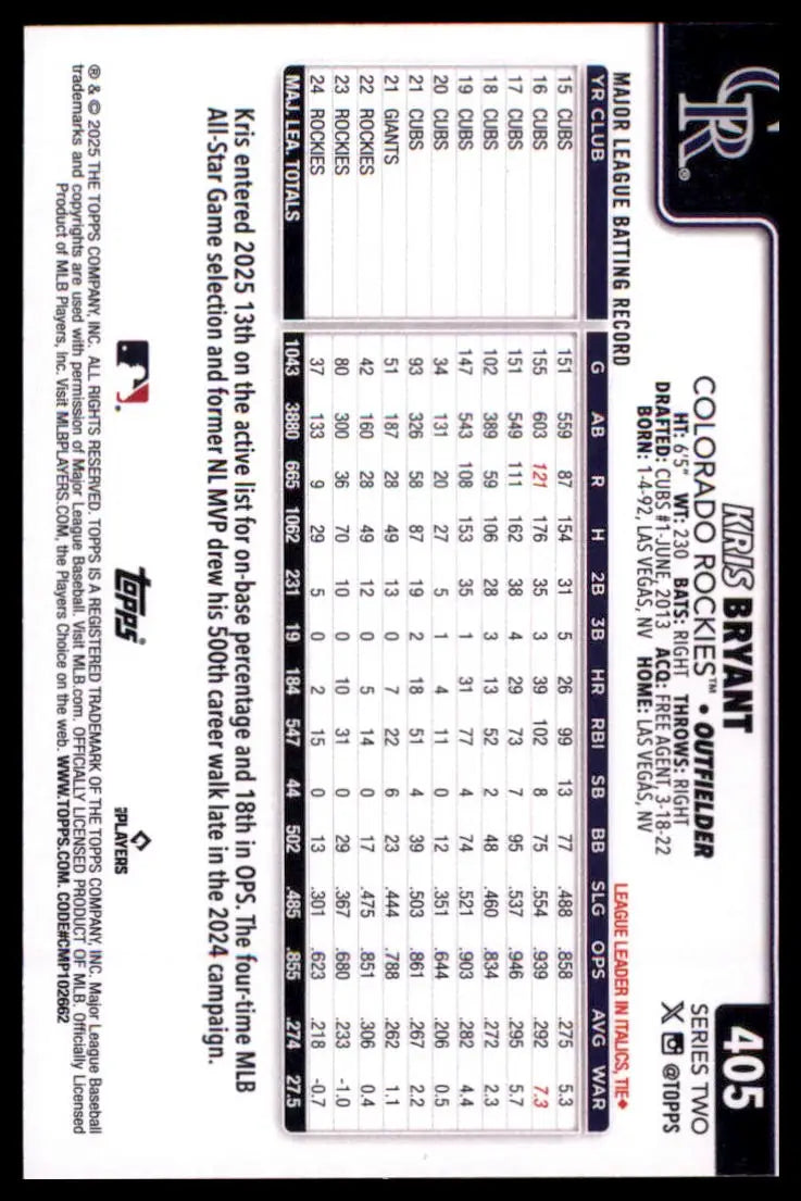 2025 Topps Kris Bryant 405 Colorado Rockies NM - Baseball Card Single