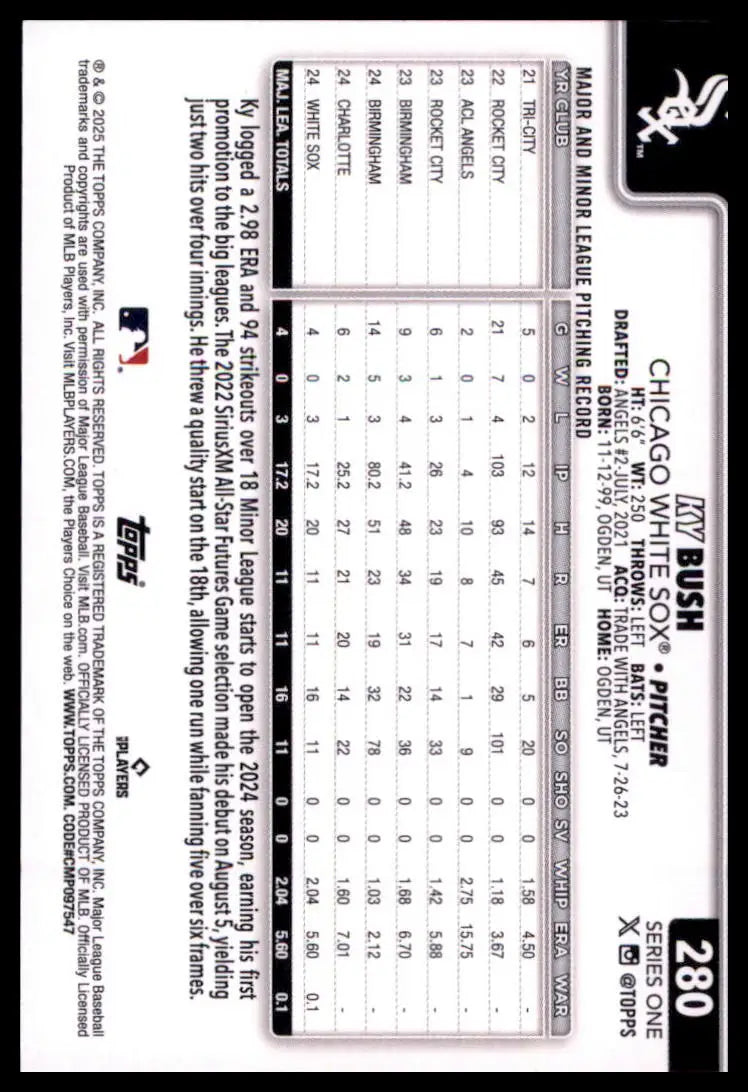 2025 Topps Ky Bush RC 280 Chicago White Sox NM - Baseball Card Single