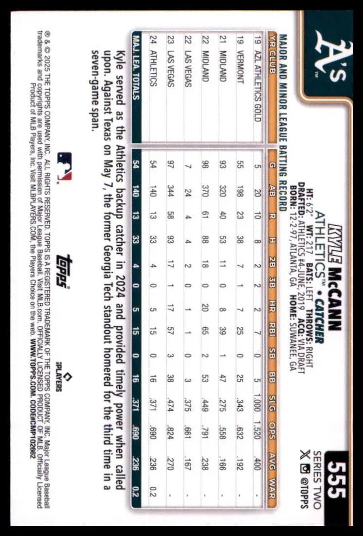 2025 Topps Kyle McCann 555 Athletics NM - Baseball Card Single
