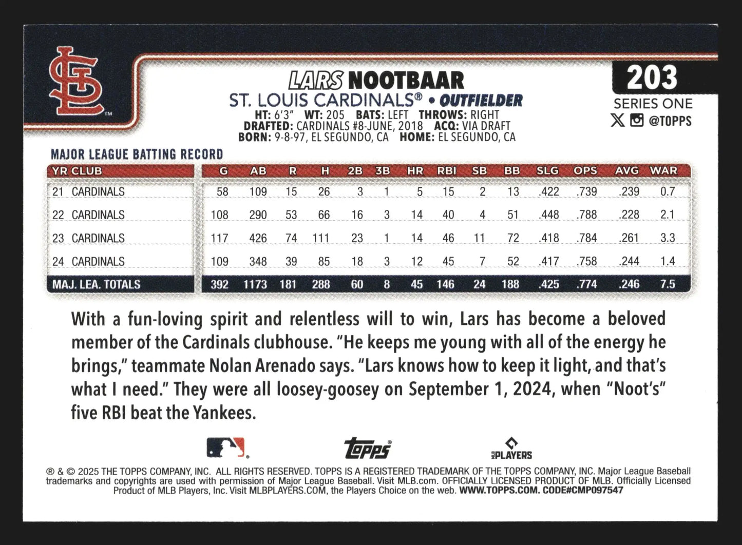 2025 Topps Lars Nootbaar #203 St. Louis Cardinals - Baseball Card Single