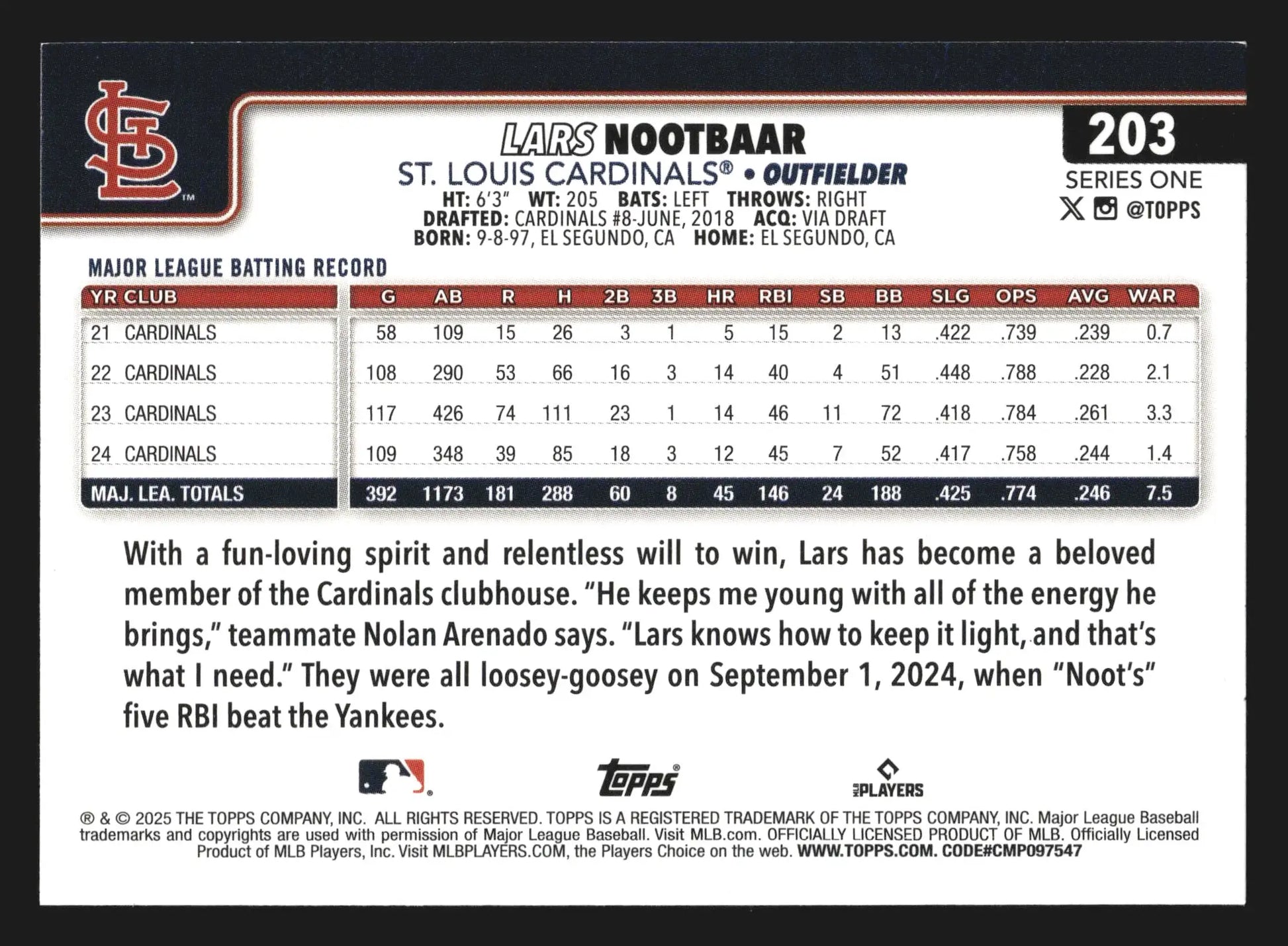 2025 Topps Lars Nootbaar #203 St. Louis Cardinals - Baseball Card Single
