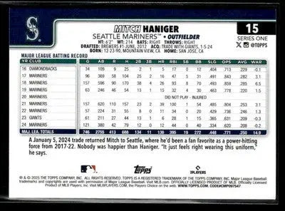 2025 Topps Mitch Haniger #15 Rainbow Foil Seattle Mariners