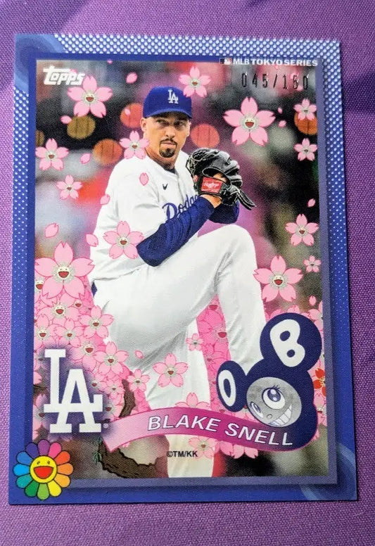 Blue-bordered 2025 Topps MLB Tokyo Series Blake Snell trading card with cherry blossoms