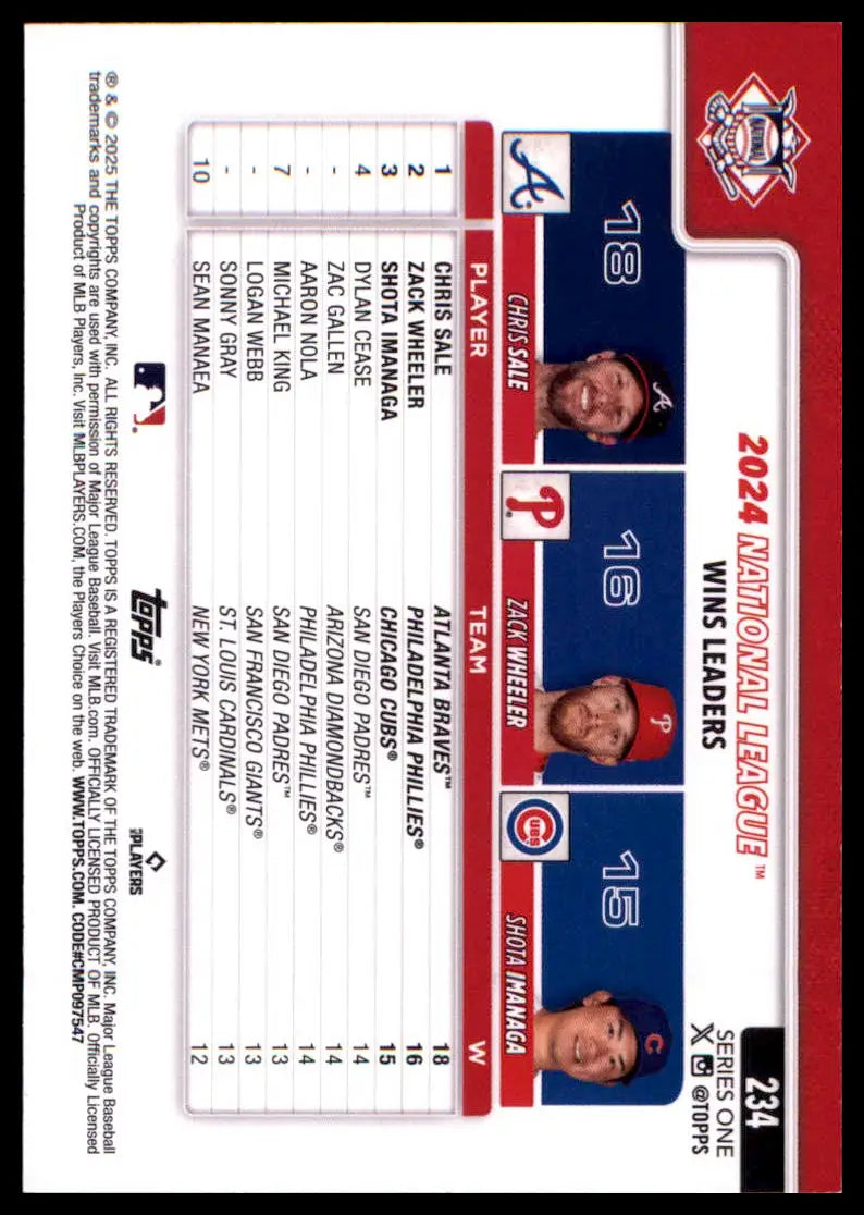 2025 Topps National League Leaders Wins (Sale / Wheeler / Imanaga) 234 NM - Baseball Card Single