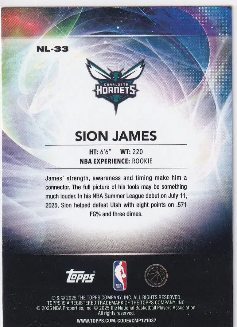 2025 TOPPS #NL-33 SION JAMES NO LIMIT- CHARLOTTE HORNETS - Basketball Card Single