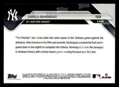 2025 Topps Now #159 Jasson Dominguez Youngest Yankee w 3-HR Game - Baseball Card Single