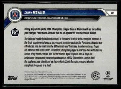 2025 Topps Now #164 Senny Mayulu Rookie Strikes Record Breaking Goal - Soccer Card Single