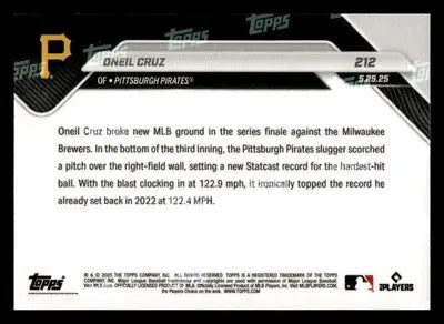 2025 Topps Now #212 Oneil Cruz 122.9 MPH HR Breaks Record - Baseball Card Single