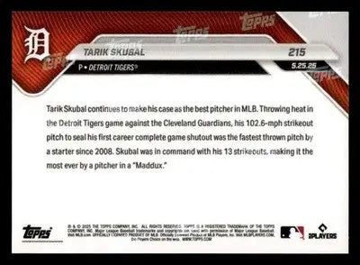 2025 Topps Now #215 Tarik Skubal 13 Ks sets MLB record in 1st career CG
