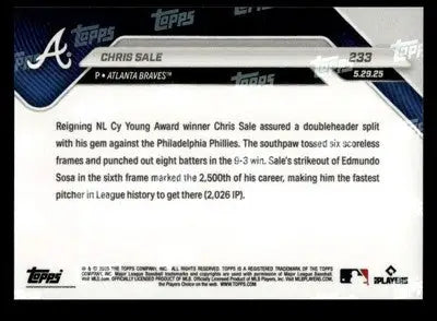 2025 Topps Now #233 Chris Sale Fastest in MLB History to 2,500 strikeouts - Baseball Card Single