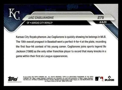2025 Topps Now #275 Jac Caglianone 1st Career 4 Hit Game Makes Royals History - Baseball Card Single