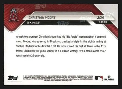 2025 Topps NOW #304 Christian Moore Angels RC 1st MLB Hit Bronx - Baseball Card Single