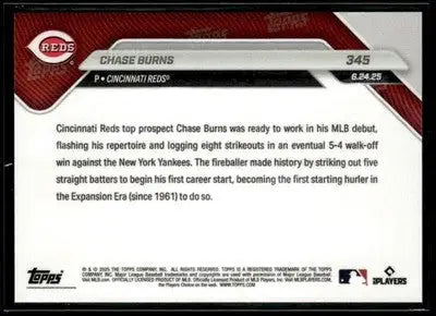2025 Topps Now #345 Chase Burns 1st SP since ’61 to debut with 5 K’s - Baseball Card Single