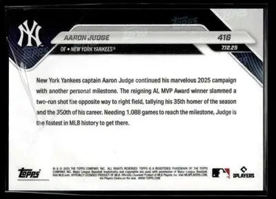 Baseball trading card of Aaron Judge celebrating 350-HR milestone with New York Yankees
