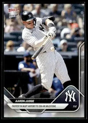 Baseball trading card of Aaron Judge batting in Yankees uniform celebrating 350 HR milestone