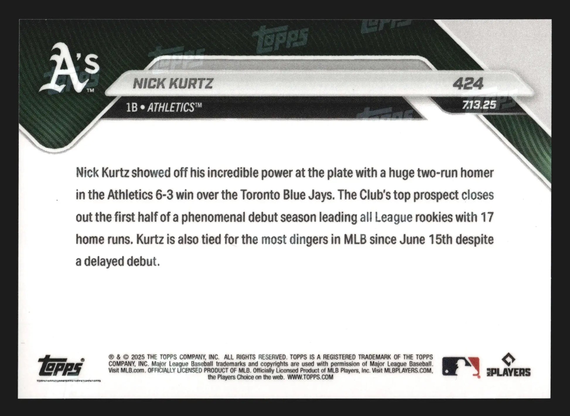 2025 Topps NOW #424 Nick Kurtz Athletics RC 17 1st-Half HR Lead