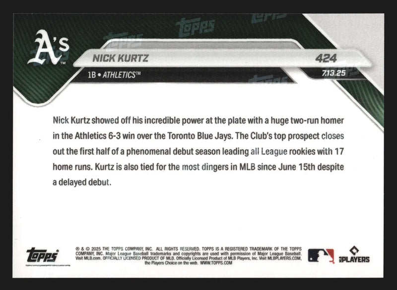 2025 Topps NOW #424 Nick Kurtz Athletics RC 17 1st-Half HR Lead